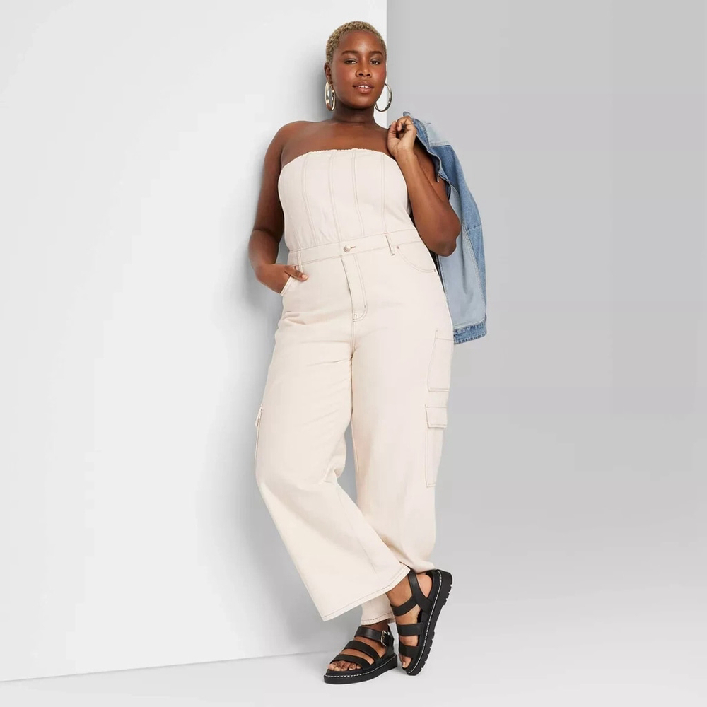 Women's WILD FABLE Y2K Strapless TUBE TOP DENIM Cargo Pockets Jumpsuit JEANS M - Picture 12 of 13